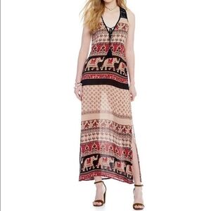 Band of Gypsies Red and Black Elephant Maxi Dress Tassel Detail Boho Sz XS NWOT